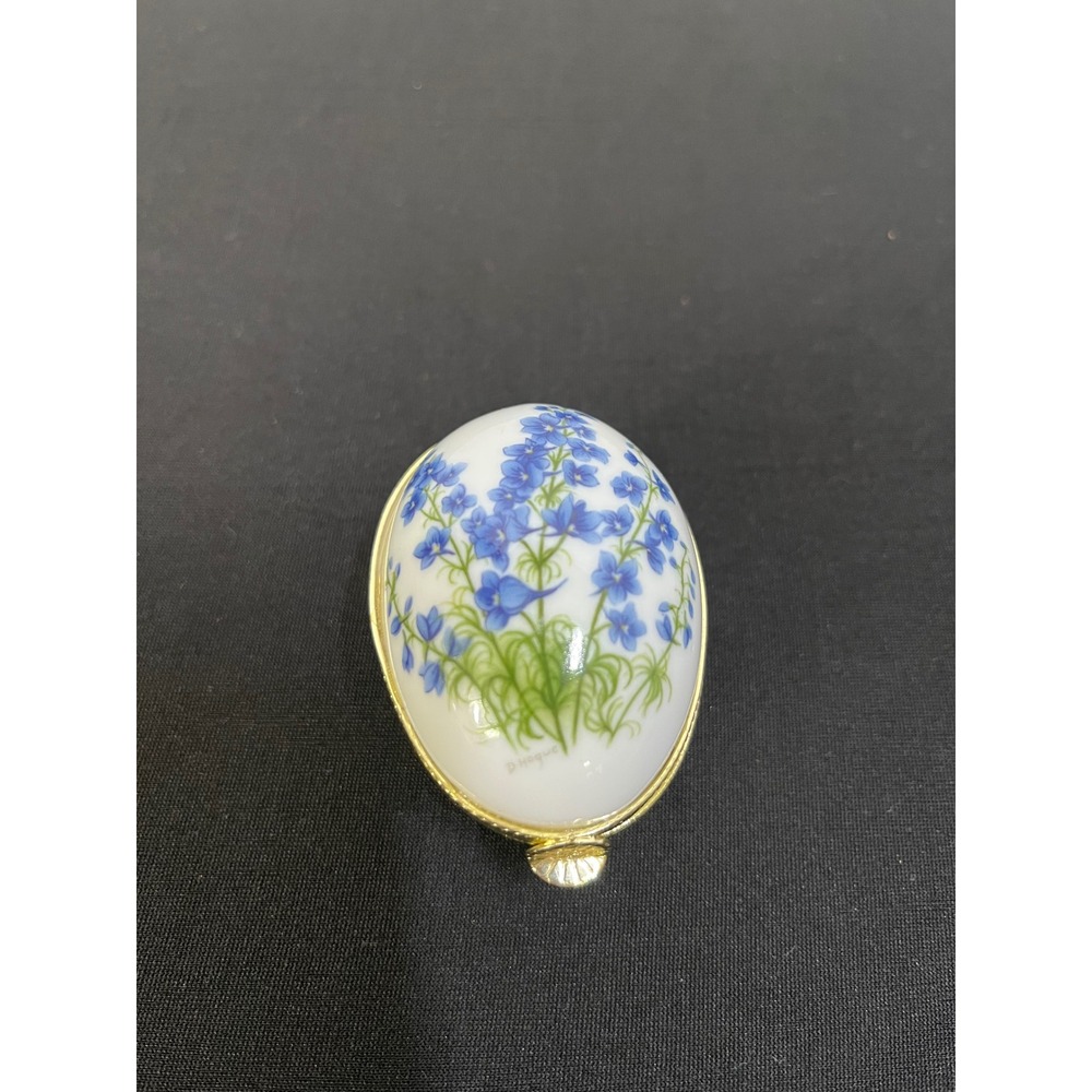 Vintage July Birth Flower Larkspur Porcelain Music Egg Trinket Box Made in Japan